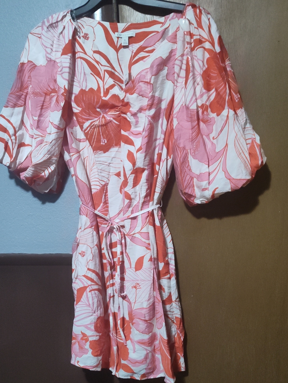 Cato Coral & Pink Floral Puff-Sleeve Mini Dress